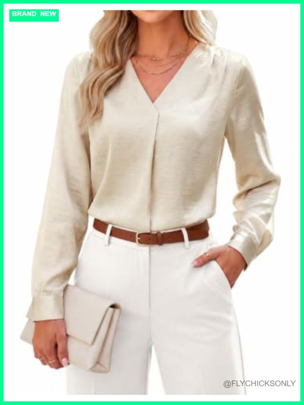 Satin Business Casual V Neck Work Blouse with Lantern Sleeves